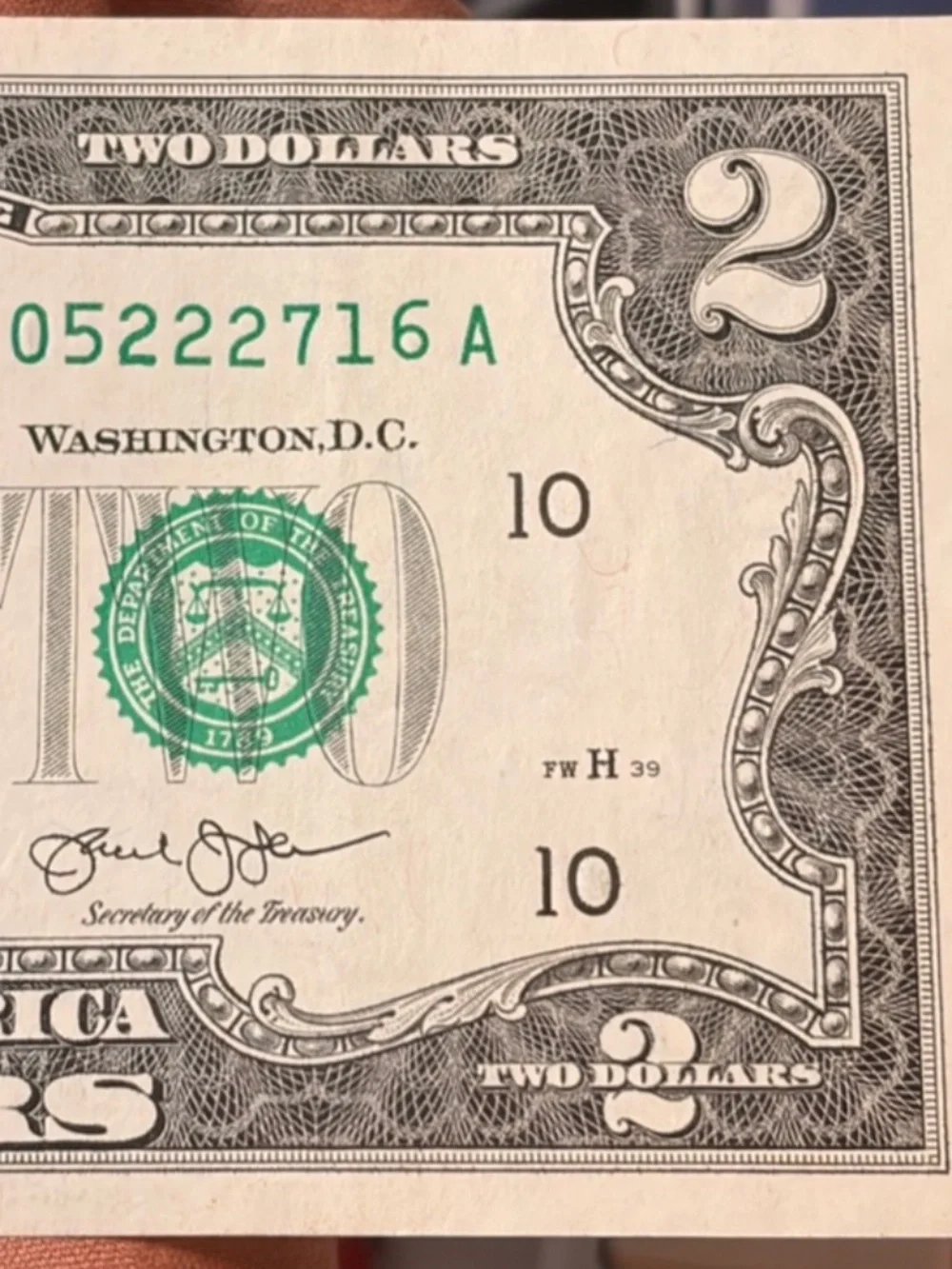 2013 $2 Fancy Triple 2s and Low Serial #J05222716A #206475914085